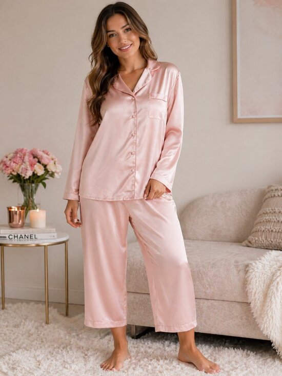 Victoria's Secret Other - Victoria’s Secret Pink Satin Pajama Set Size Large Button Up Crop Pants